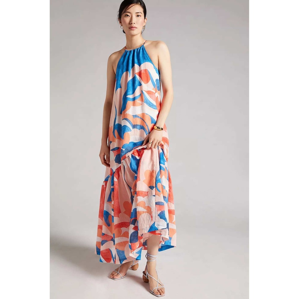 Maeve Anthropologie Flounced‎ Halter Maxi Dress L Blue Coral Retro Resort Flowy